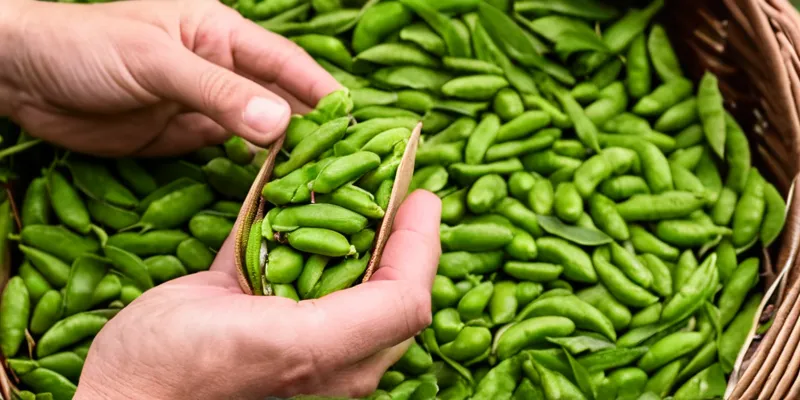 Nahaufnahme: grüne Edamame Hülsen prall gefüllt in Hand, frische Ernte