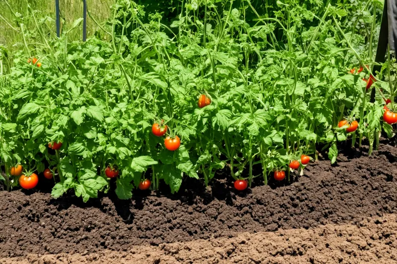 Hochbeet an einem heißen Sommertag mit dürstenden Tomatenpflanzen und fehlendem Mulch