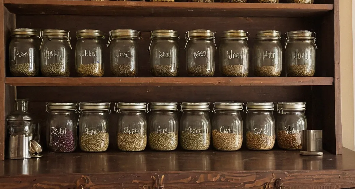 Beschriftete Einmachgläser mit getrockneten Kräutern und Samen