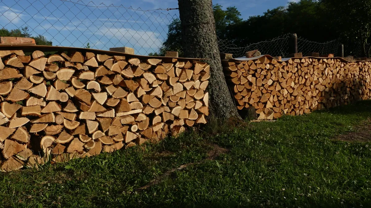 Gestapeltes, gespaltenes Brennholz in zwei Stapeln an einem Baumstamm auf einer Wiese hinter einem Maschendrahtzaun.