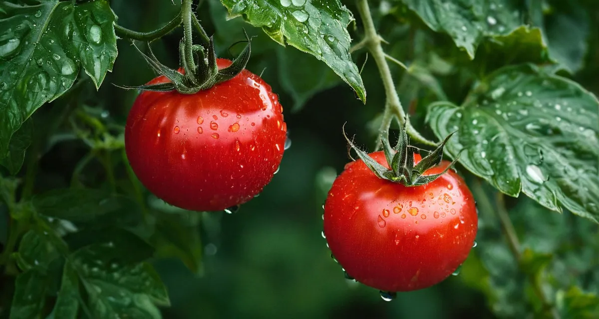 Reife rote Tomaten an der Rispe mit Wassertropfen
