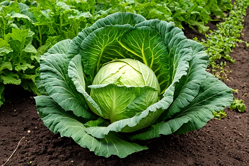 Frischer Weißkohl mit kompaktem Kopf und grünen Außenblättern im Gemüsebeet