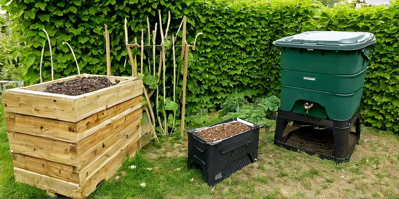 Verschiedene Kompostsysteme im Garten: Thermokomposter, Trommelkomposter, Lattenkomposter, Wurmkiste und Bokashi-Eimer für effiziente Kompostierung von Bioabfall