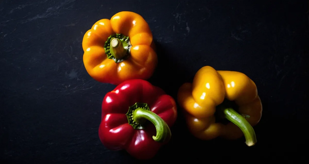 Rote und gelbe Paprika am Strauch – reife Früchte im Sommergarten